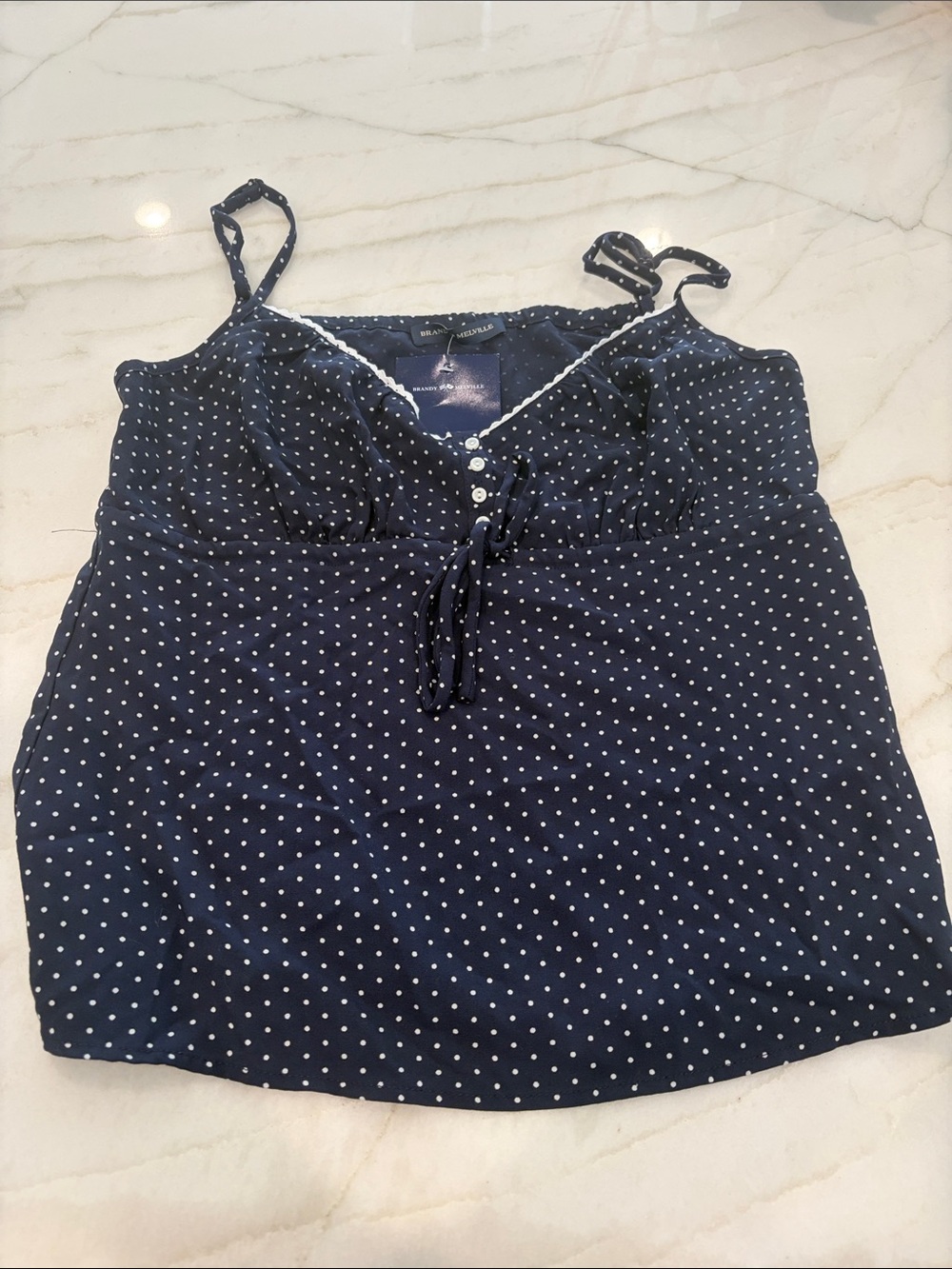 Brandy Melville Navy Blue Polka Dot Spaghetti Strap Tank